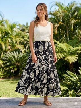 Christian Siriano Black & Ivory Botanical Boho Linen Blend Maxi Skirt NWT Size L